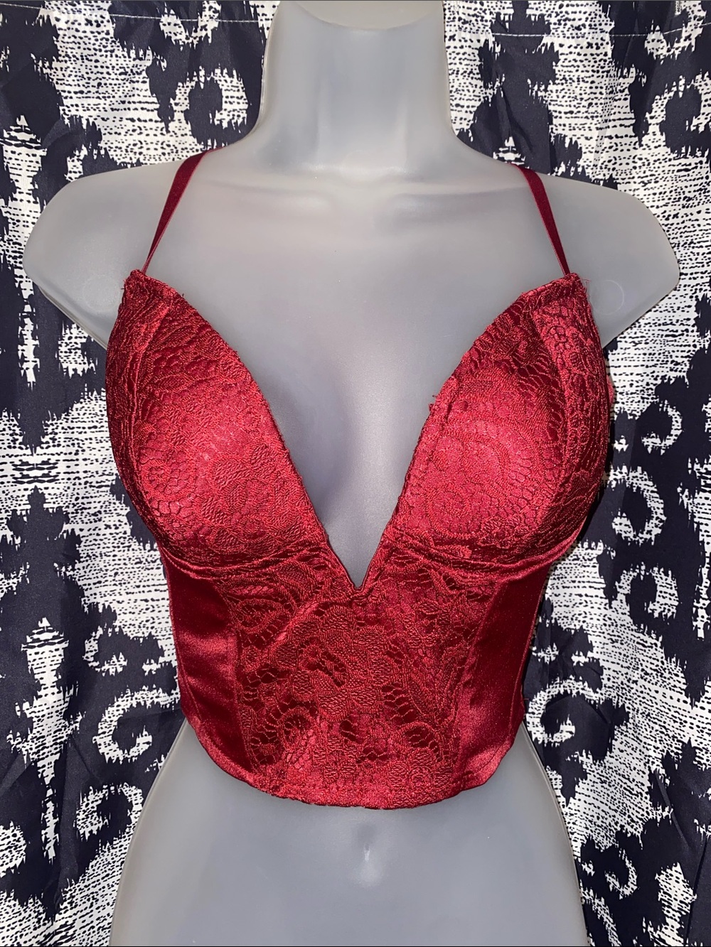 Plunging Lace Satin Bustier Top - Wine Red